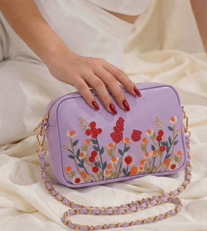 Floral Embroidered Chain Shoulder Bag for Women